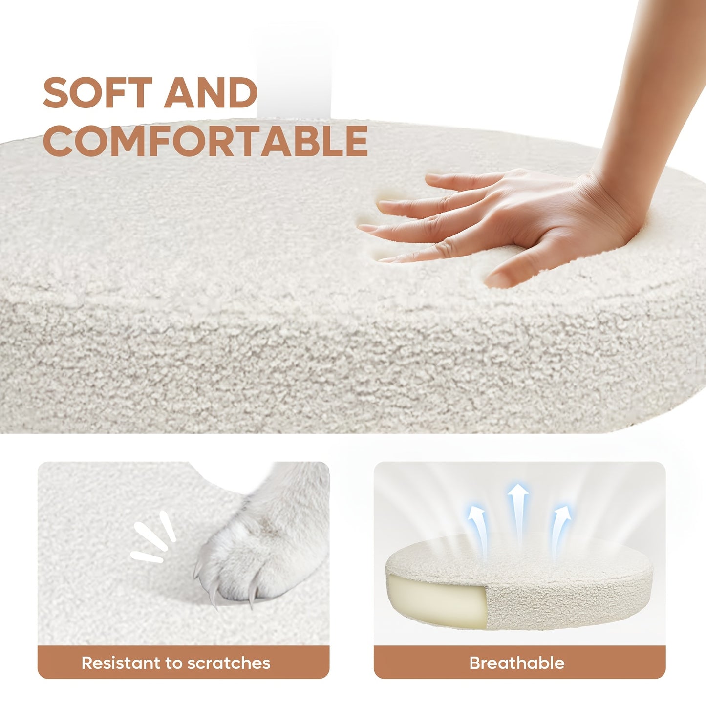 Textured surface with hand touch, paw print, and cross-section view, labeled 'Soft and Comfortable'.