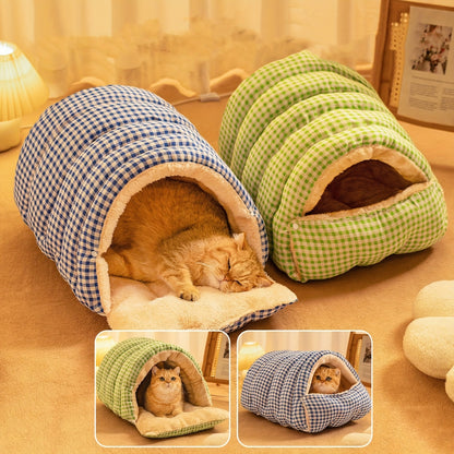 Two checkered wool cat cave with cats inside on a wooden floor.