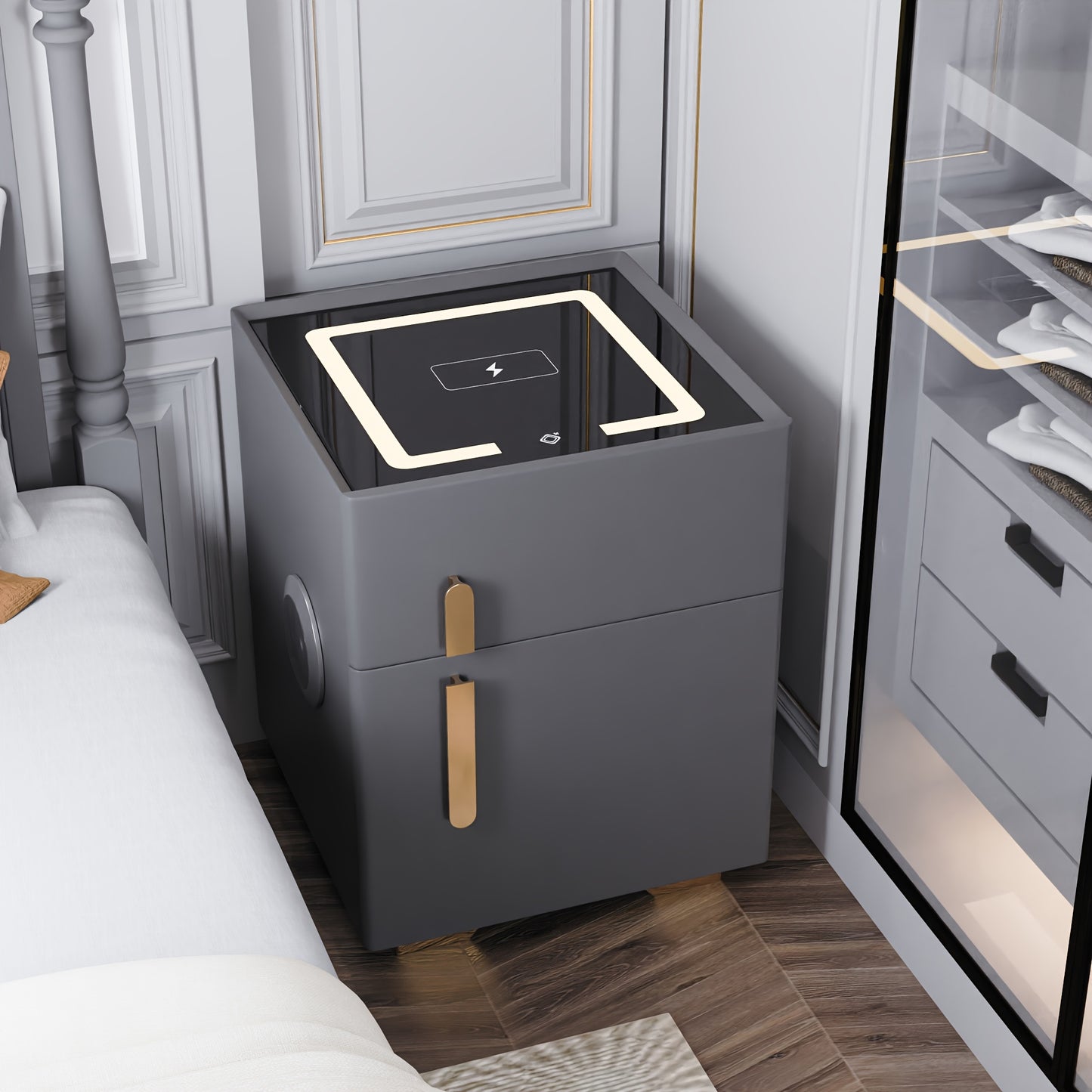 Modern nightstand with safe with LED light in a bedroom setting