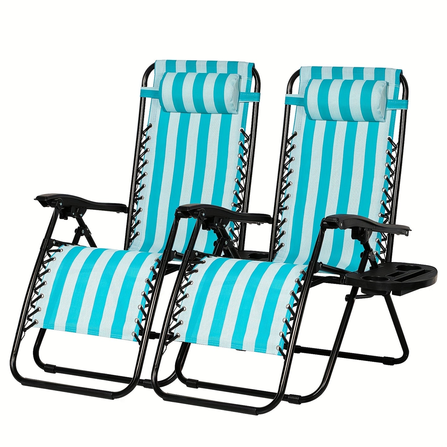 Two blue and white striped lounge chairs with black frames on a white background