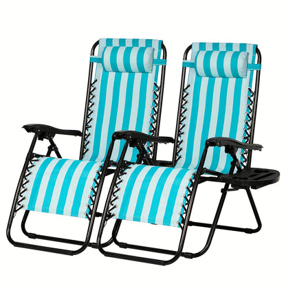 Two blue and white striped lounge chairs with black frames on a white background