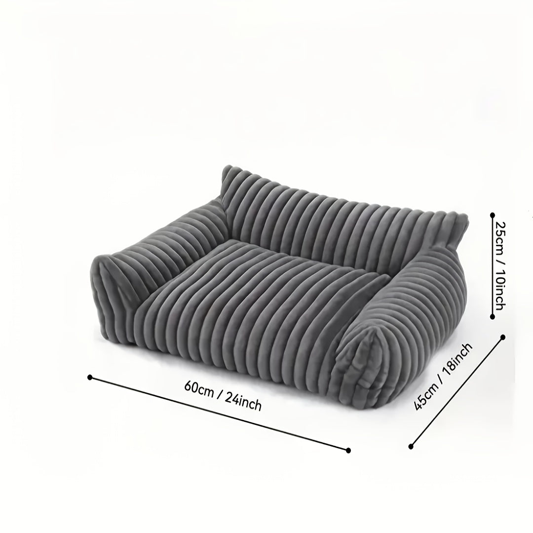 Gray cat sofa with measurements on a white background