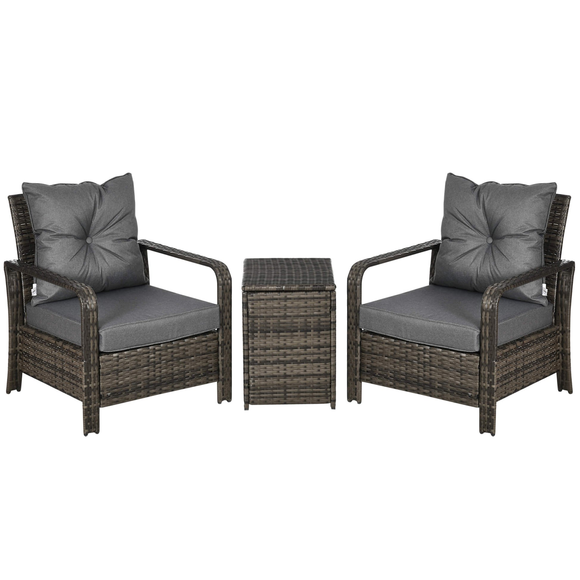 Two wicker chairs with gray cushions and a matching side table on a white background