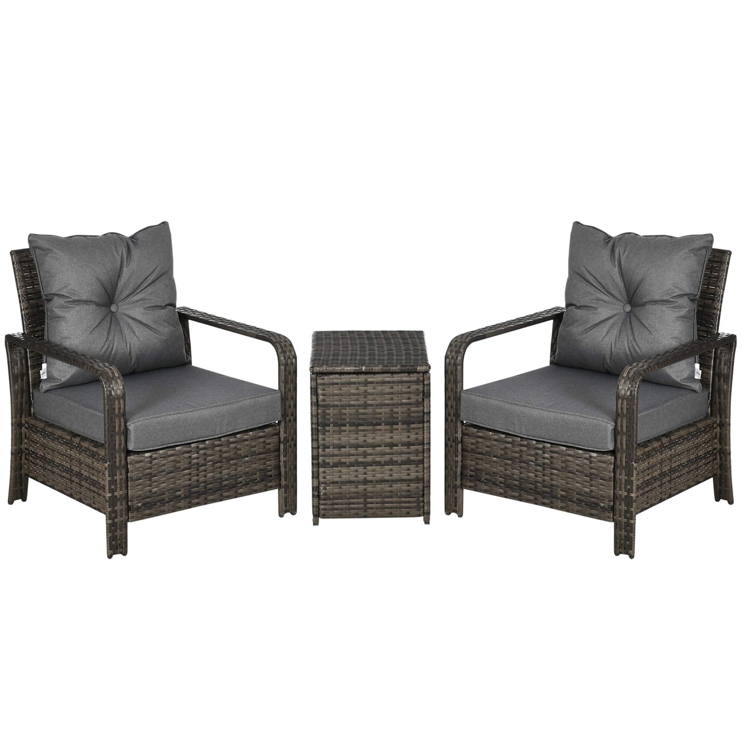 Two wicker chairs with gray cushions and a matching side table on a white background