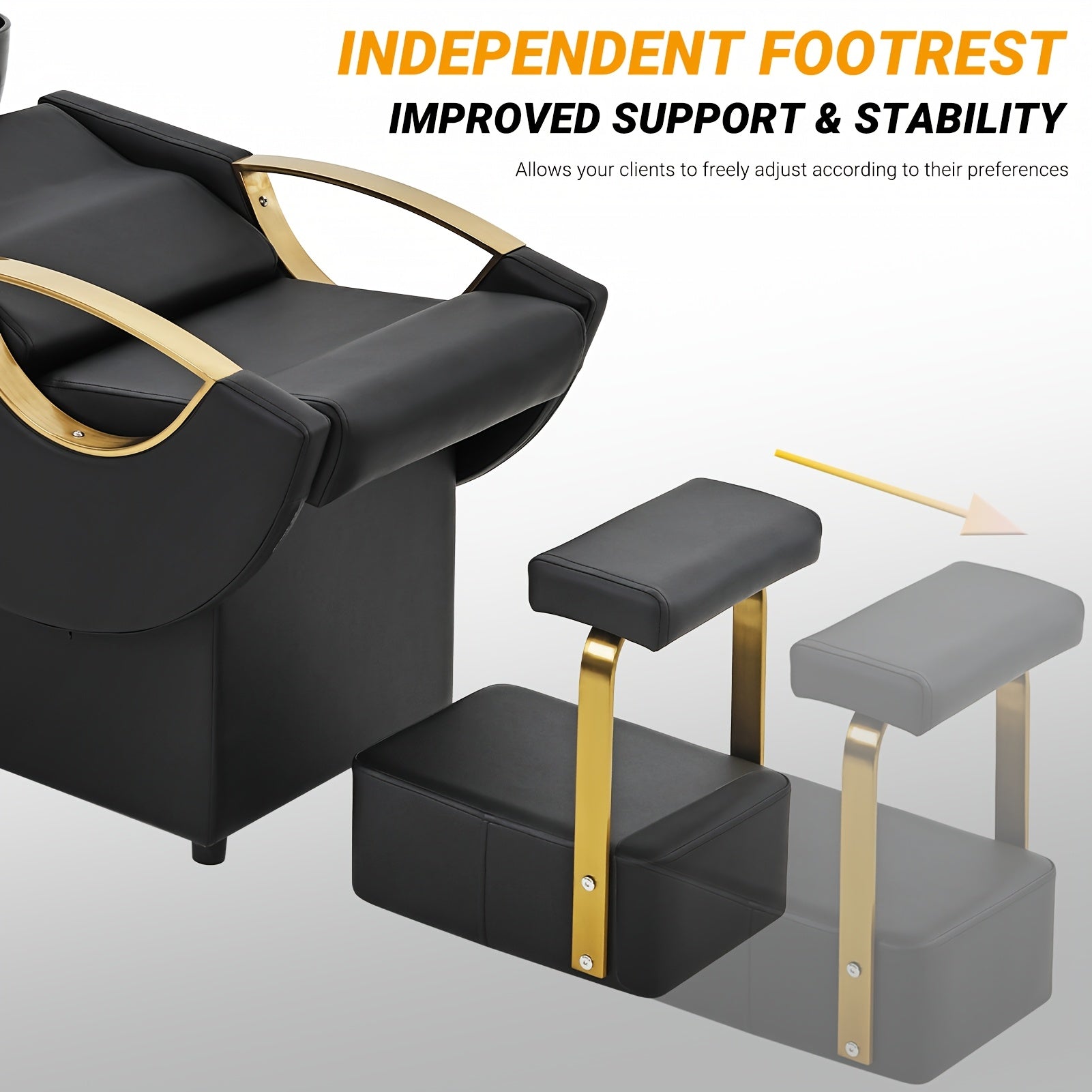 Black and gold footrest with gray cushion on a white background, featuring text about improved support and stability.