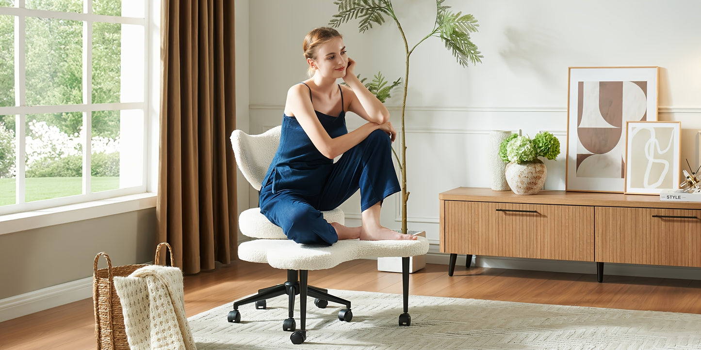 Woman sitting on a white office chair in a modern living room.