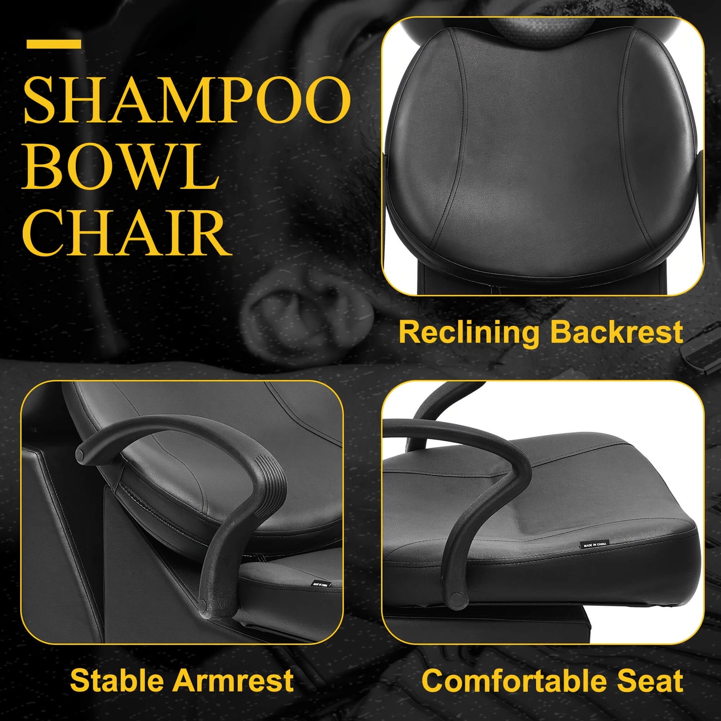 Shampoo bowl chair with reclining backrest, stable armrest, and comfortable seat on a black background.