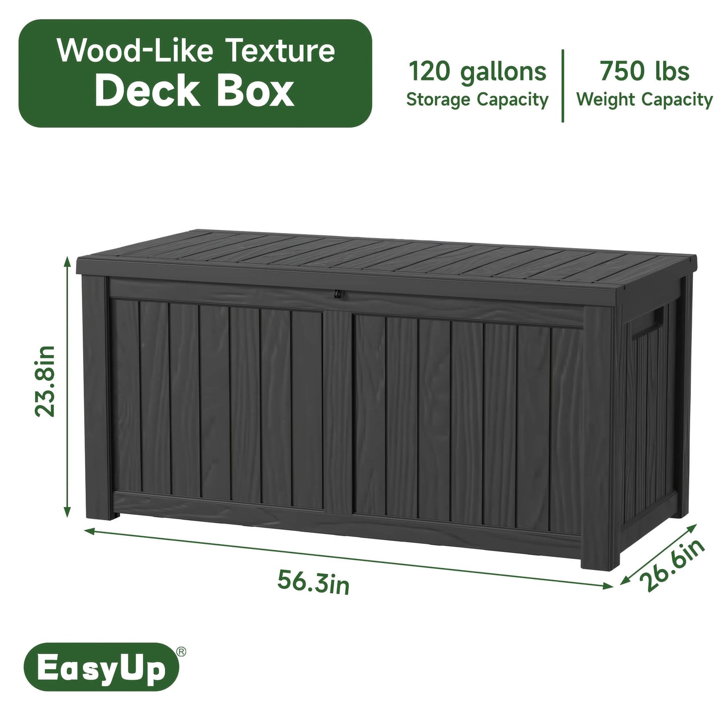 Black outdoor storage box with dimensions and capacity details on a white background