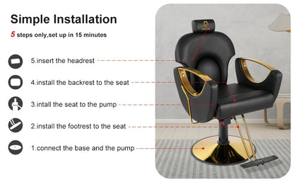 Reclining barber chair with installation steps displayed on a gray background