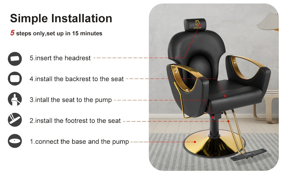 Reclining barber chair with installation steps displayed on a gray background