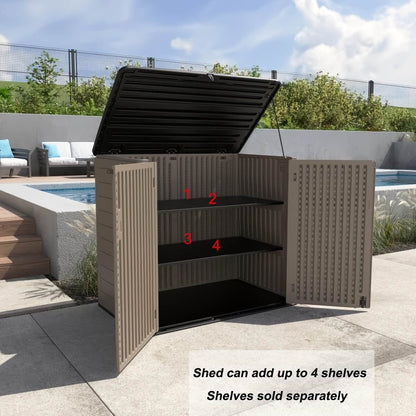 Resin outdoor storage shed with open lid and shelves, pool area in the background