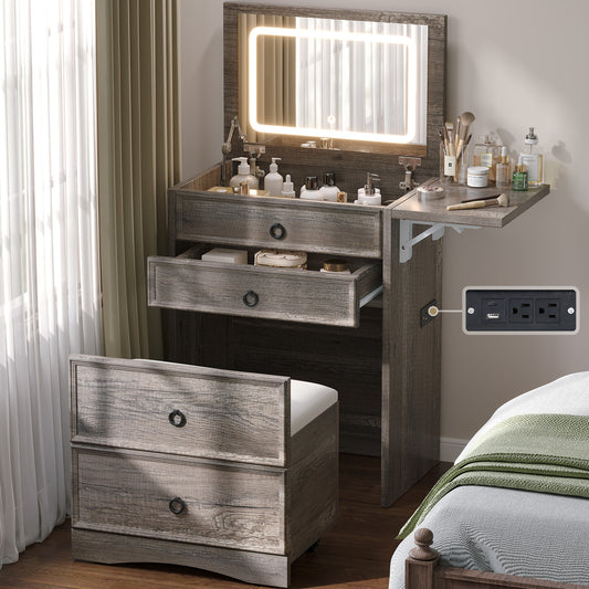 Wooden vanity with mirror and drawers in a bedroom setting