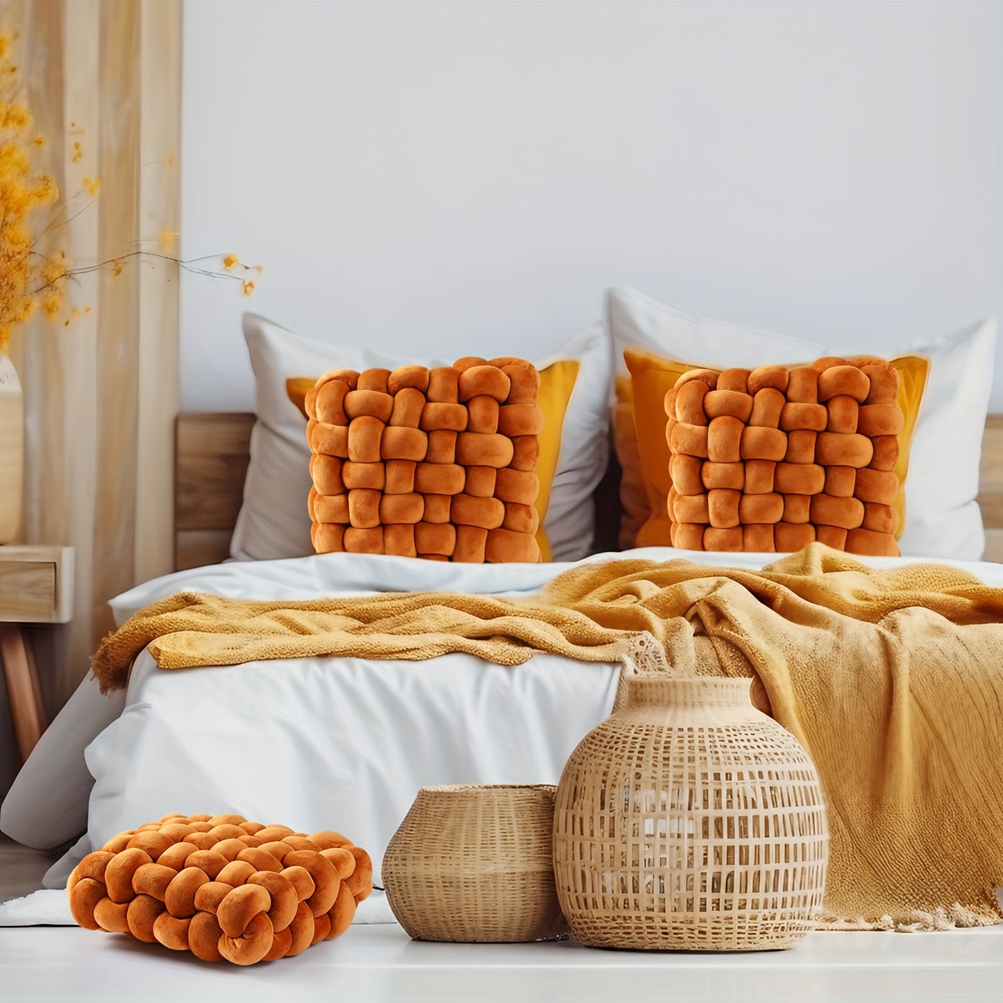 Decorative pillows and vases on a bed with a yellow blanket