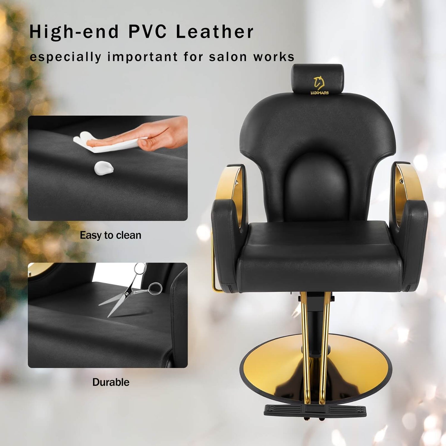 Black reclining barber chair with gold accents, highlighting high-end PVC leather and ease of cleaning.