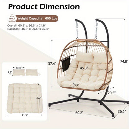 Hanging egg chair with dimensions and weight capacity on a white background