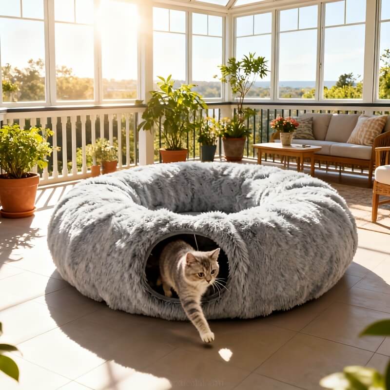Cat lying in a fluffy donut-shaped pet bed in a bright room with large windows and plants.