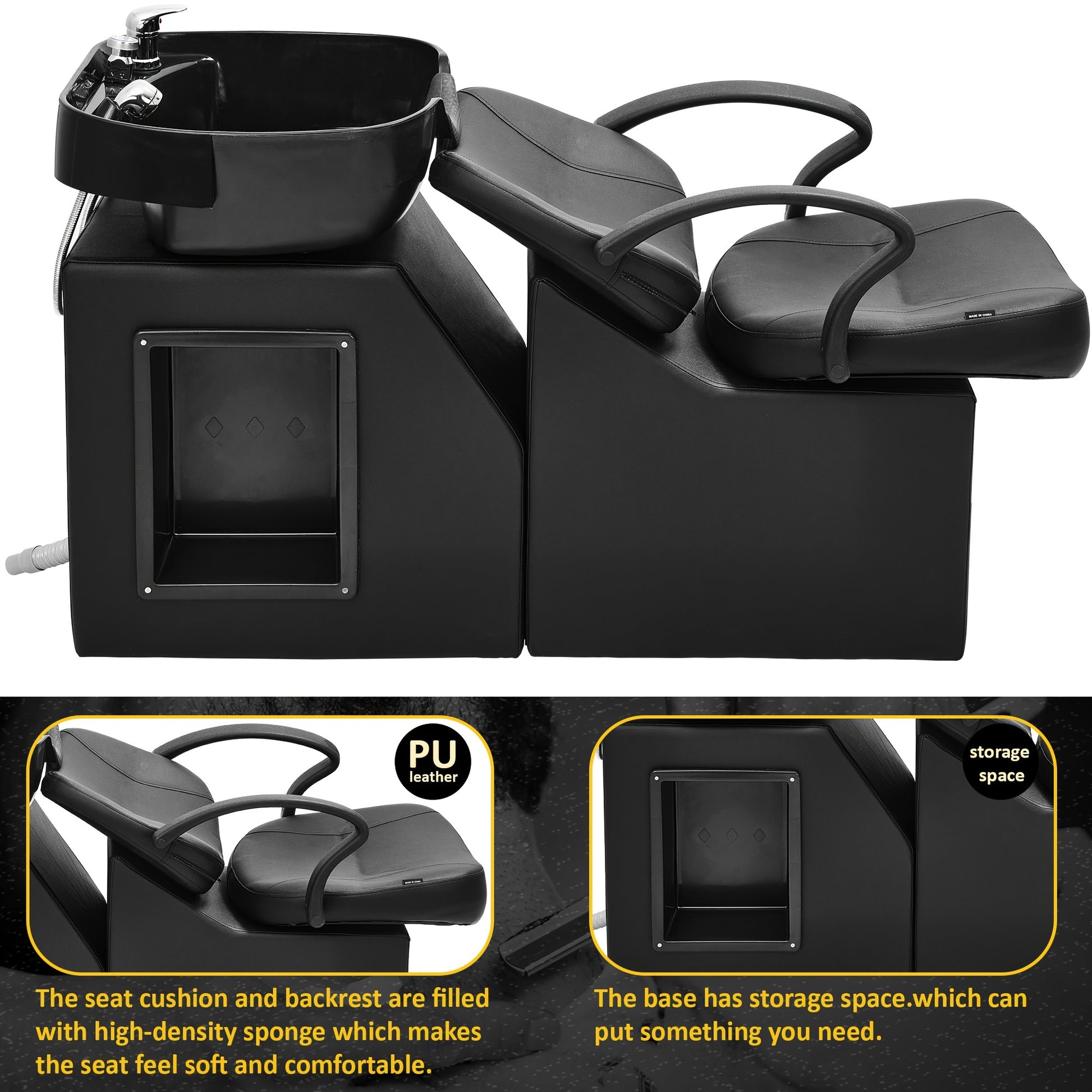 Black professional backwash unit and storage space, featuring PU leather seat cushion and high-density sponge backrest.