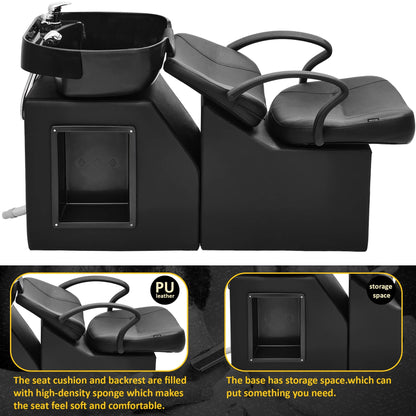 Black professional backwash unit and storage space, featuring PU leather seat cushion and high-density sponge backrest.