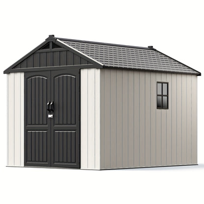 Resin outdoor storage shed with black door and beige side on a white background