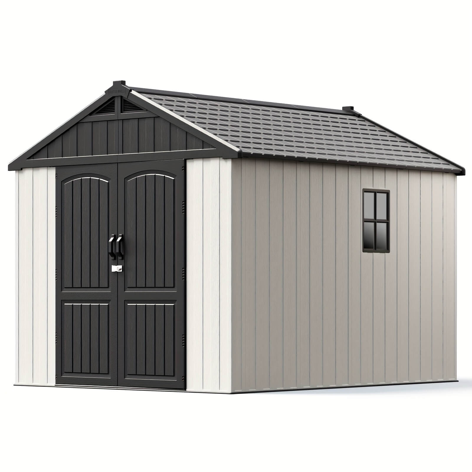 Resin outdoor storage shed with black door and gray roof on a white background