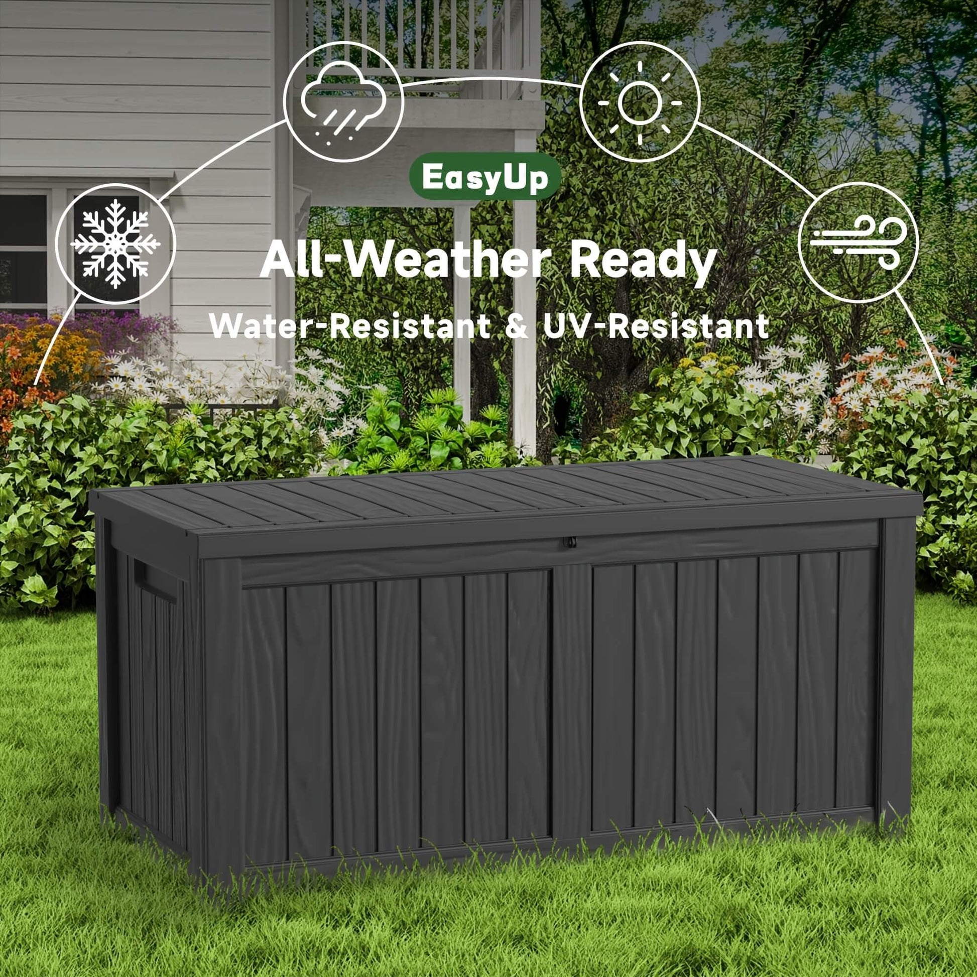 Black outdoor storage box with 'EasyUp' branding, labeled as water-resistant and UV-resistant, set against a garden background.