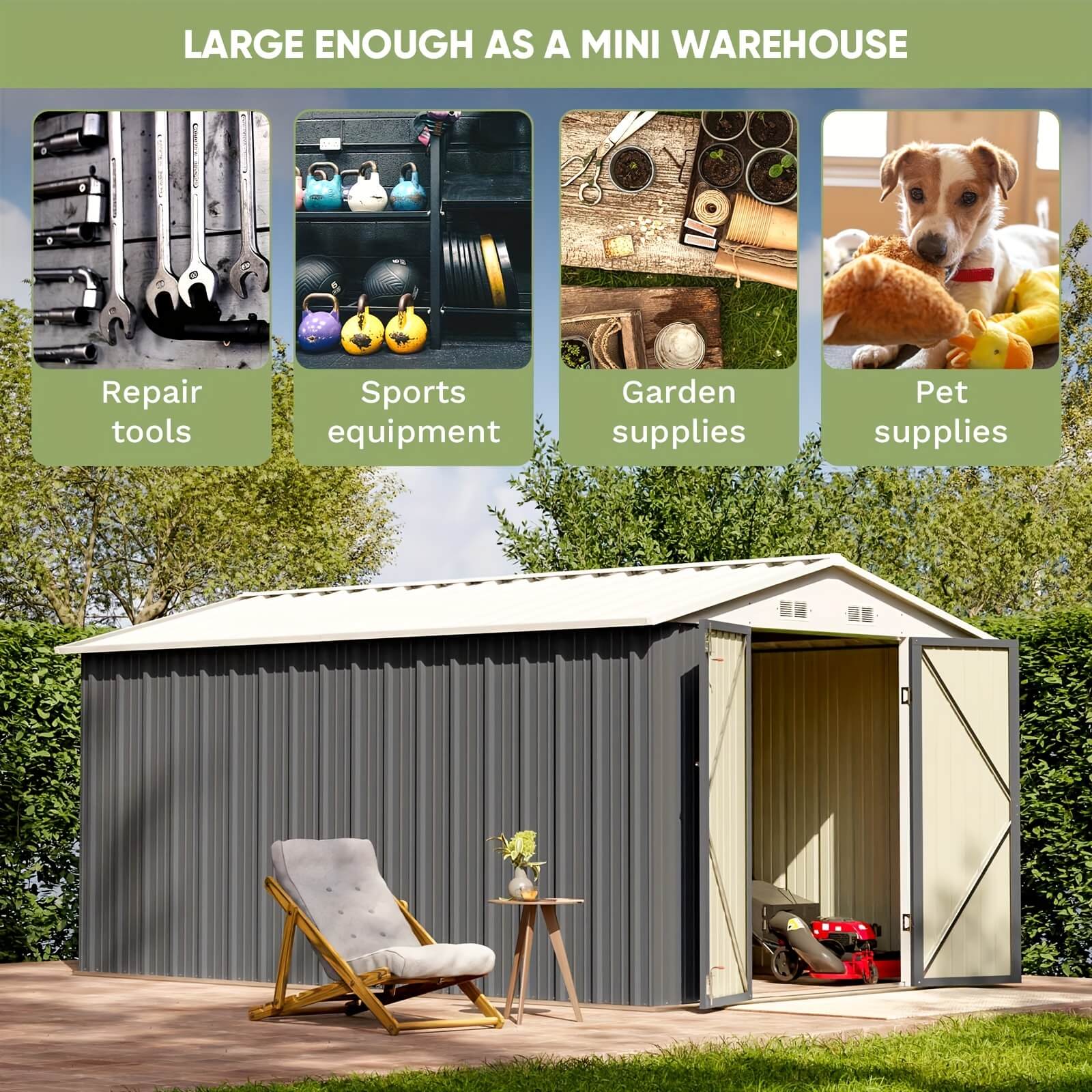 Metal storage shed with various items labeled, including repair tools, sports equipment, garden supplies, and pet supplies.