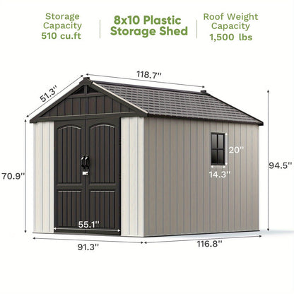 8x10 resin outdoor storage shed with dimensions and capacity details on a white background