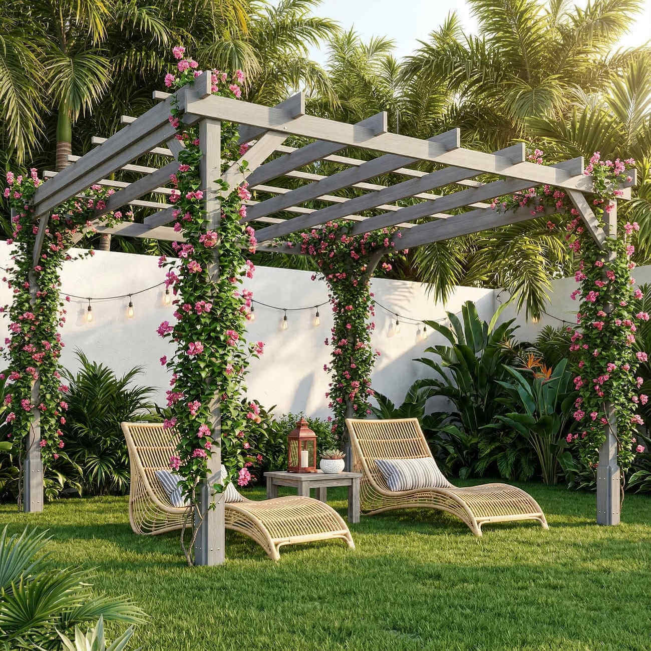 Pergola with floral decorations in a garden setting with lounge chairs.
