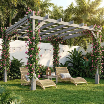 Pergola with floral decorations in a garden setting with lounge chairs.