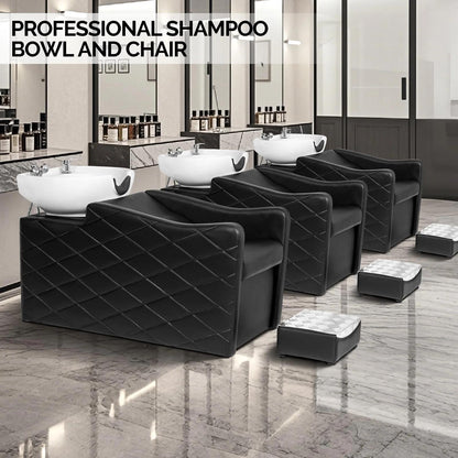 Salon setup with black Stylish Salon Backwash Unit in a modern salon.