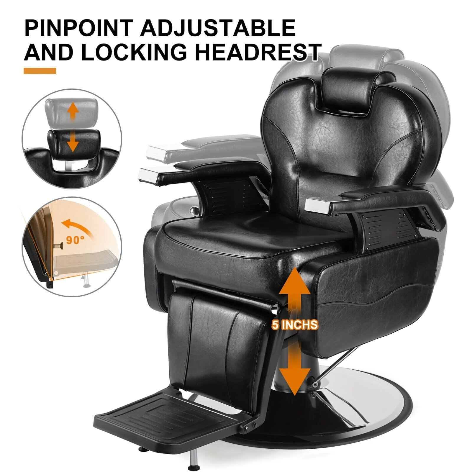 Black professional barber chair with pinpoint adjustable and locking headrest feature on a white background