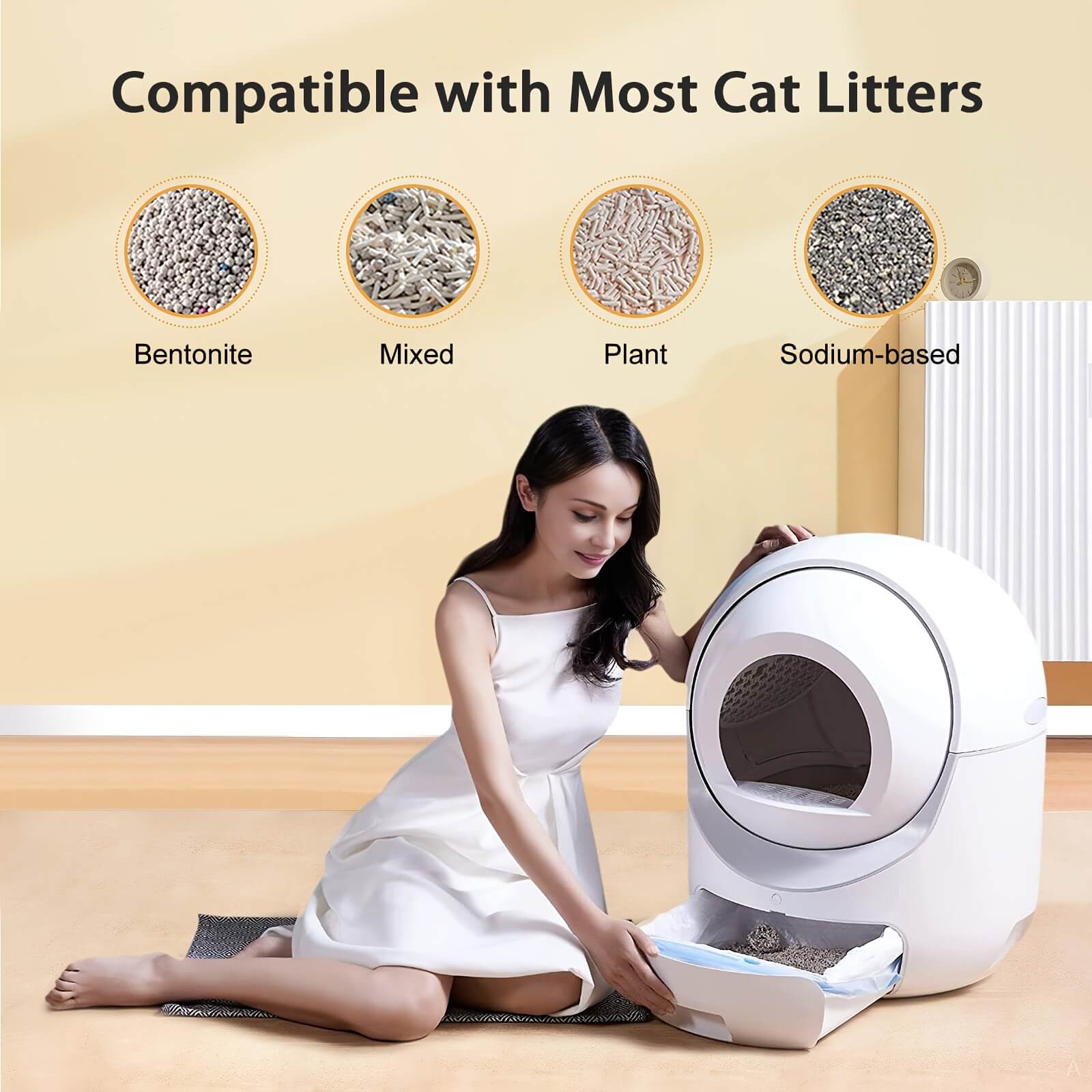 Woman using an automatic cat litter box with text indicating compatibility with various cat litters.