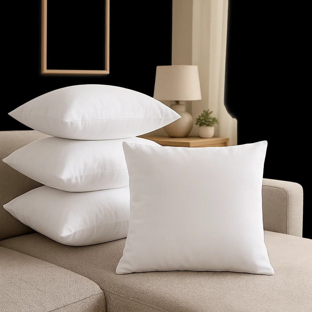 White pillows on a beige sofa with a lamp and plant in the background