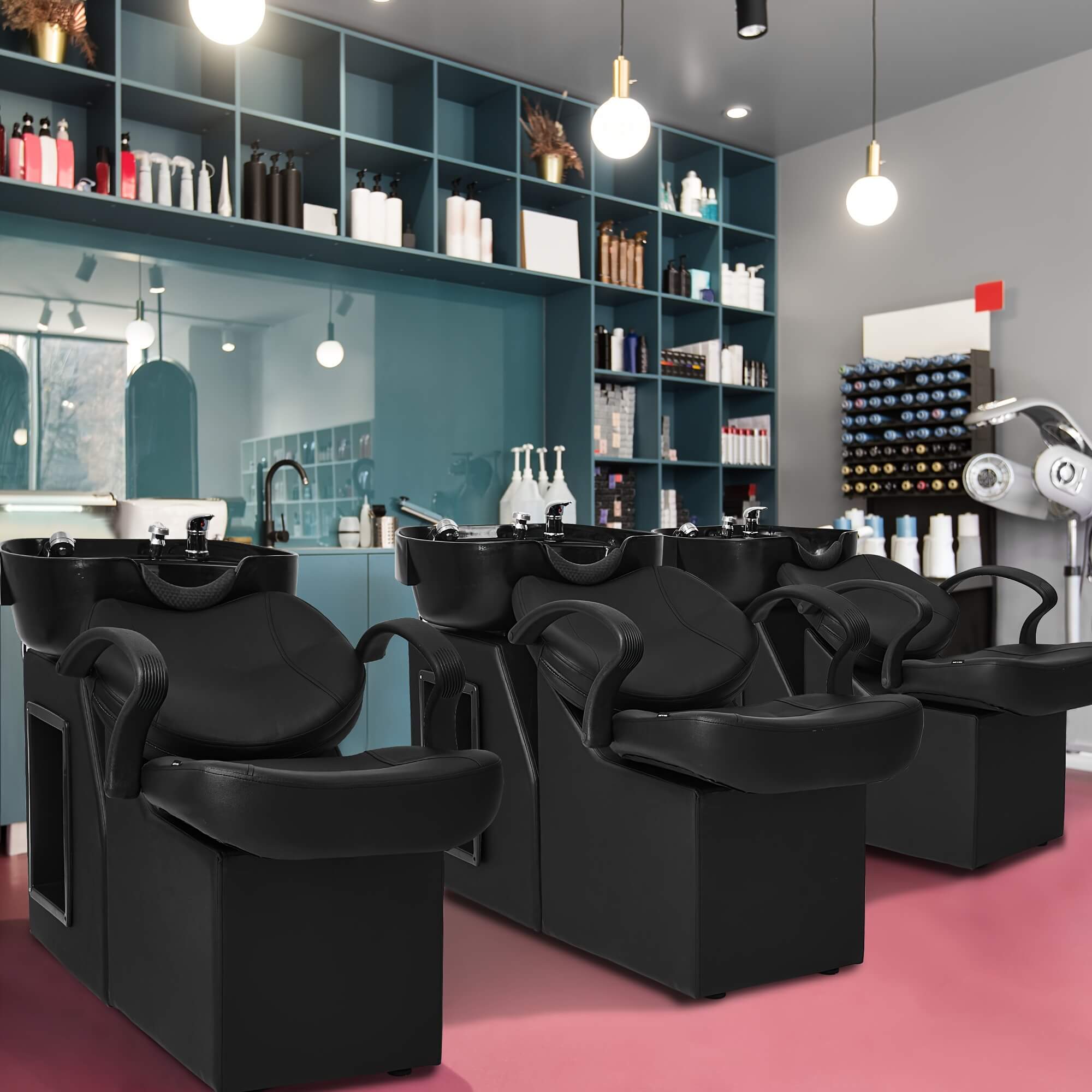 Salon with 3 professional backwash units and shelves stocked with products.