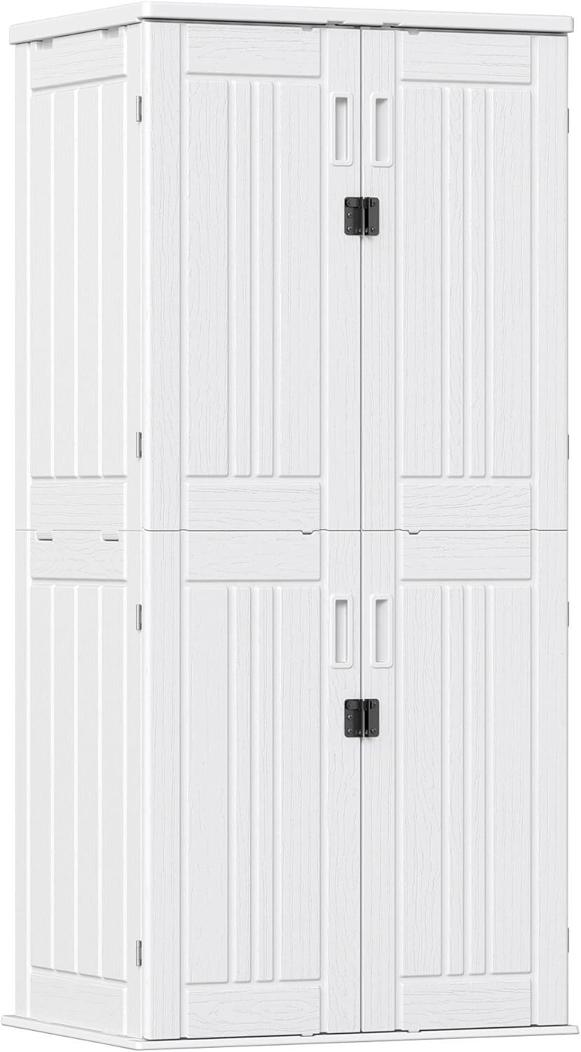 White outdoor storage cabinet with double doors on a white background