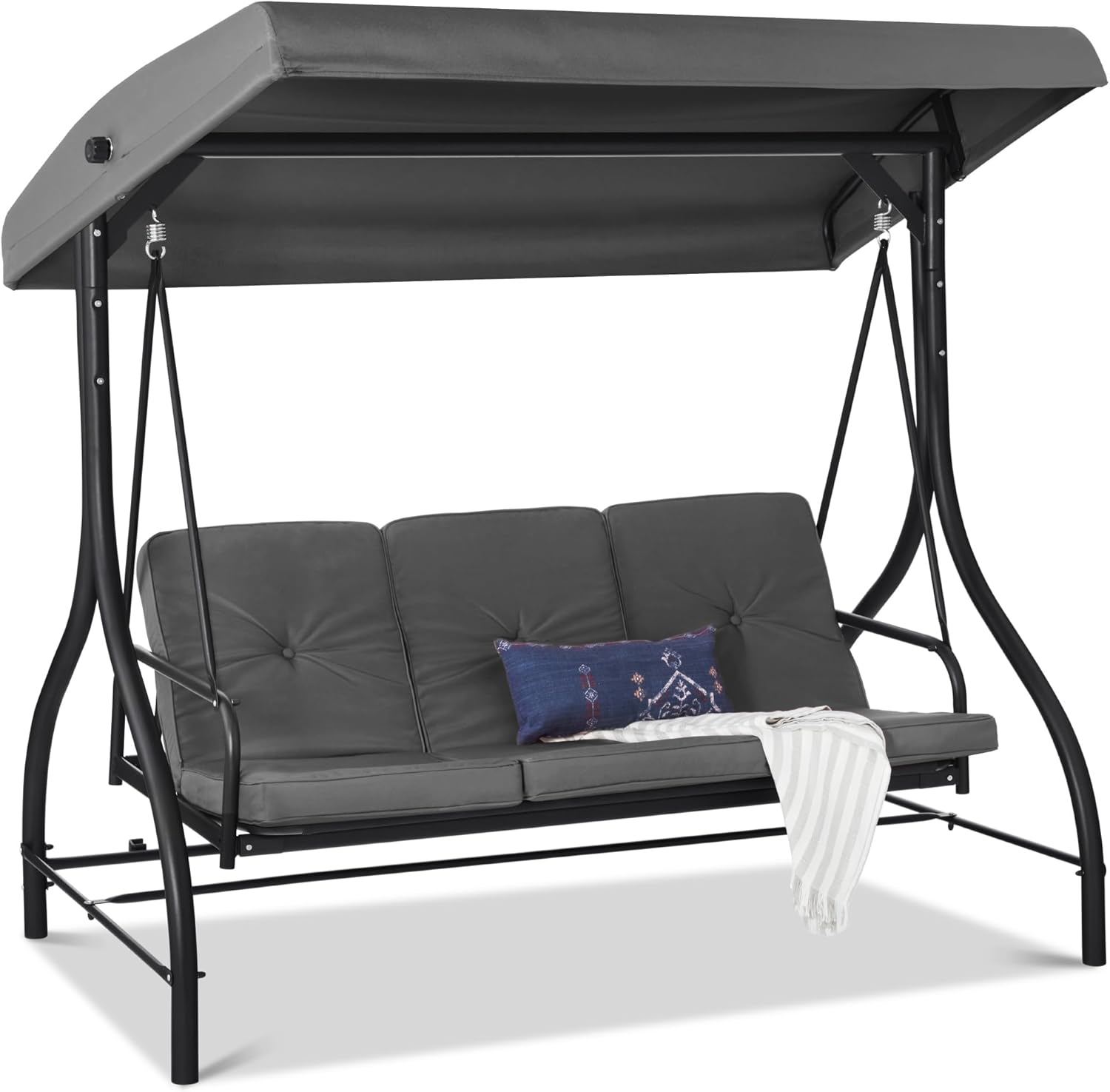 Gray outdoor porch swing set with canopy on a white background