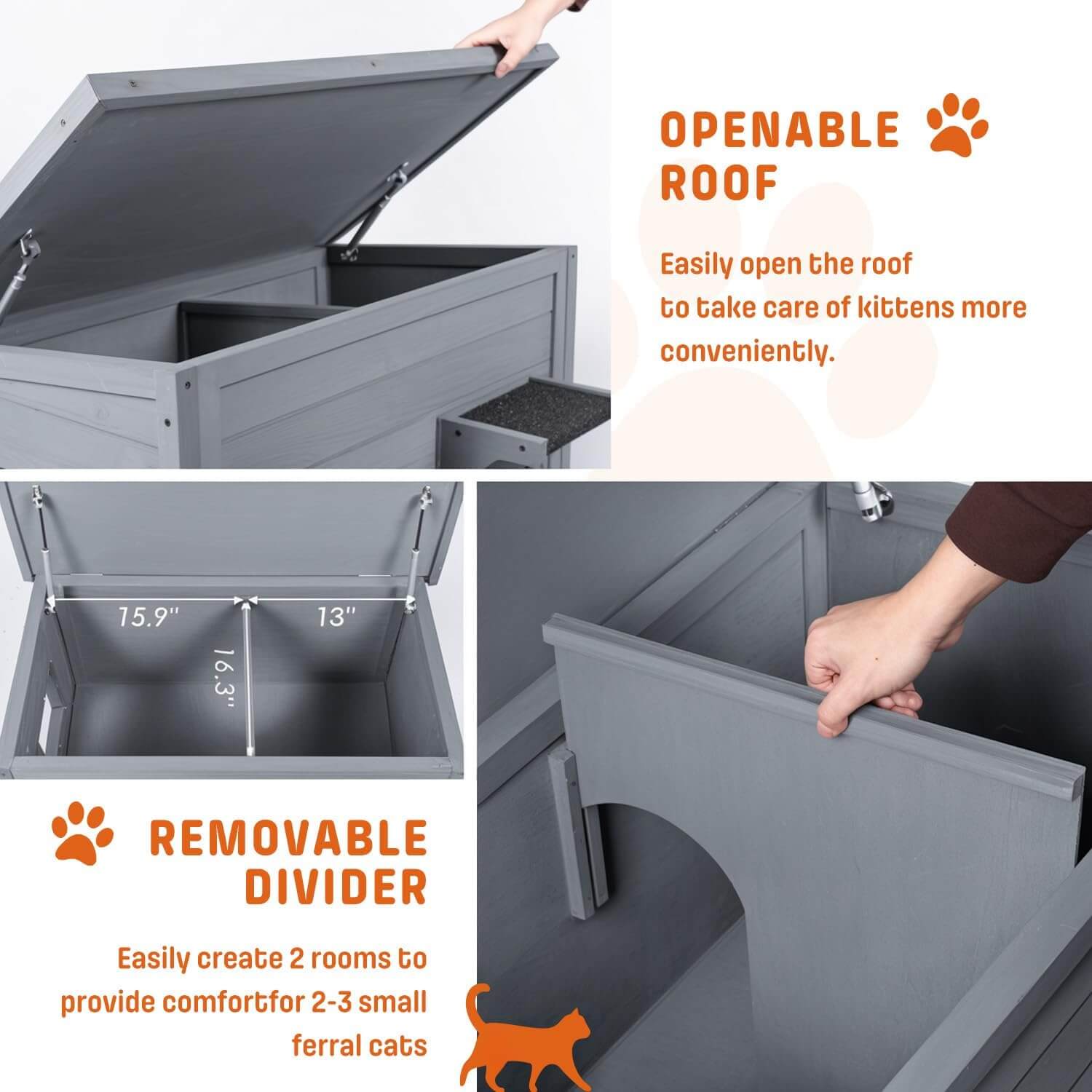Pet cage with openable roof and removable divider, featuring text on functionality.