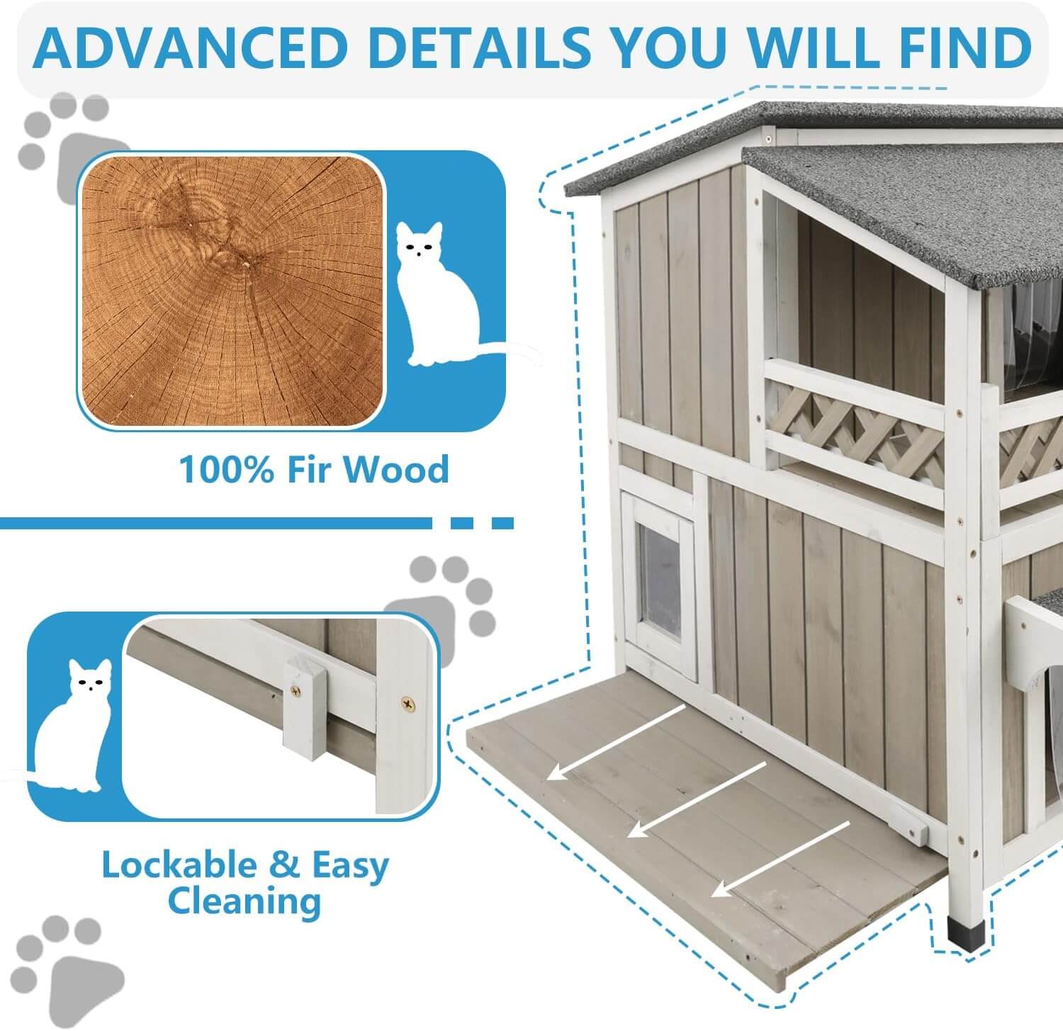 Wooden cat house with features highlighted, including 100% fir wood and lockable design.
