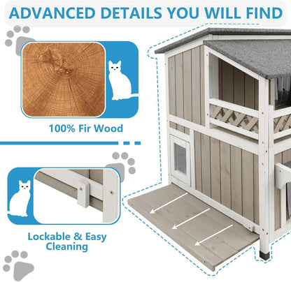 Wooden cat house with features highlighted, including 100% fir wood and lockable design.