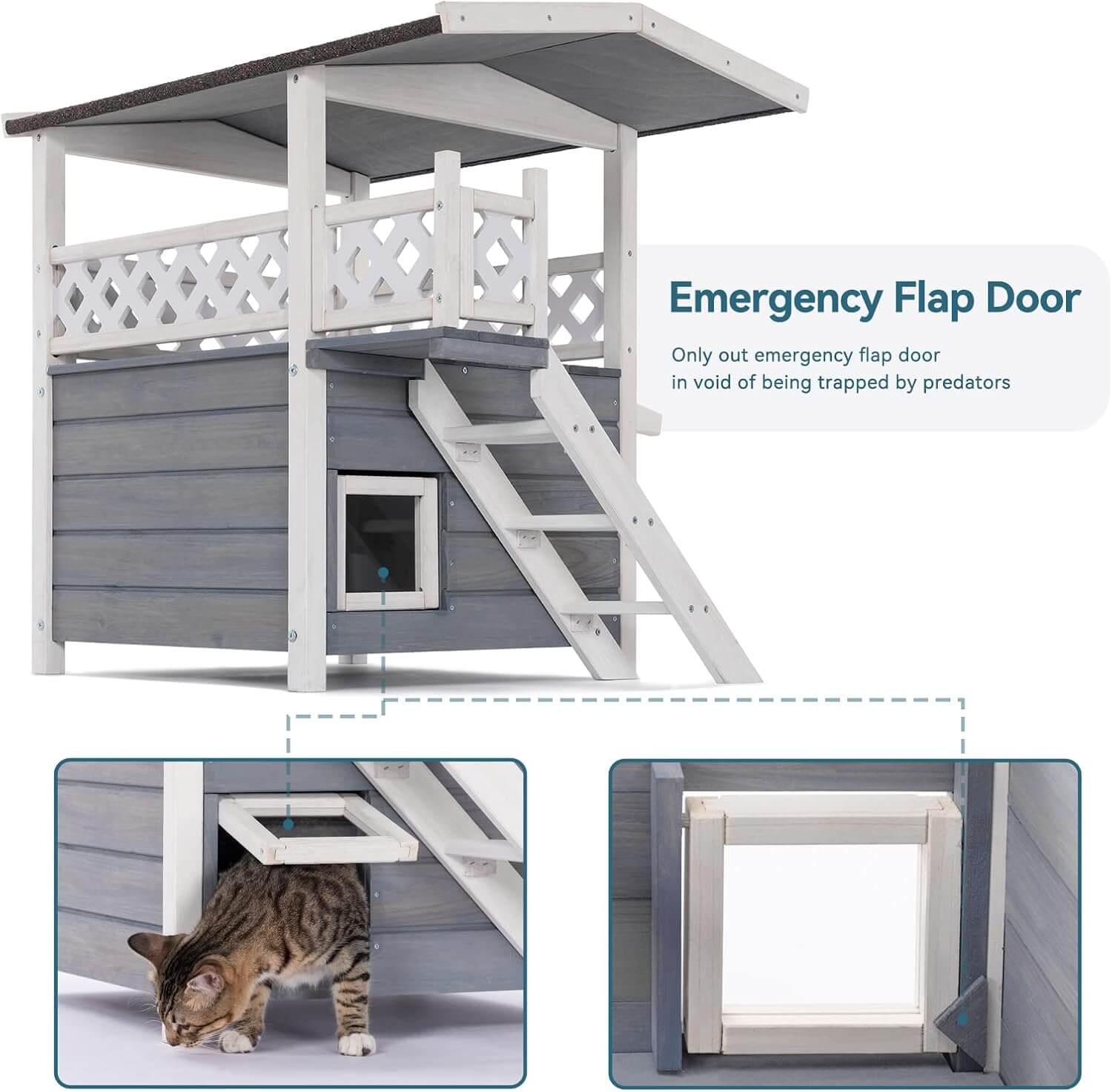 Cat house with emergency flap door feature on a white background