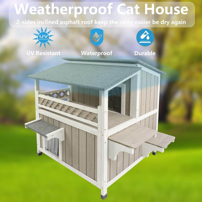 Weatherproof cat house with green roof on a grassy background