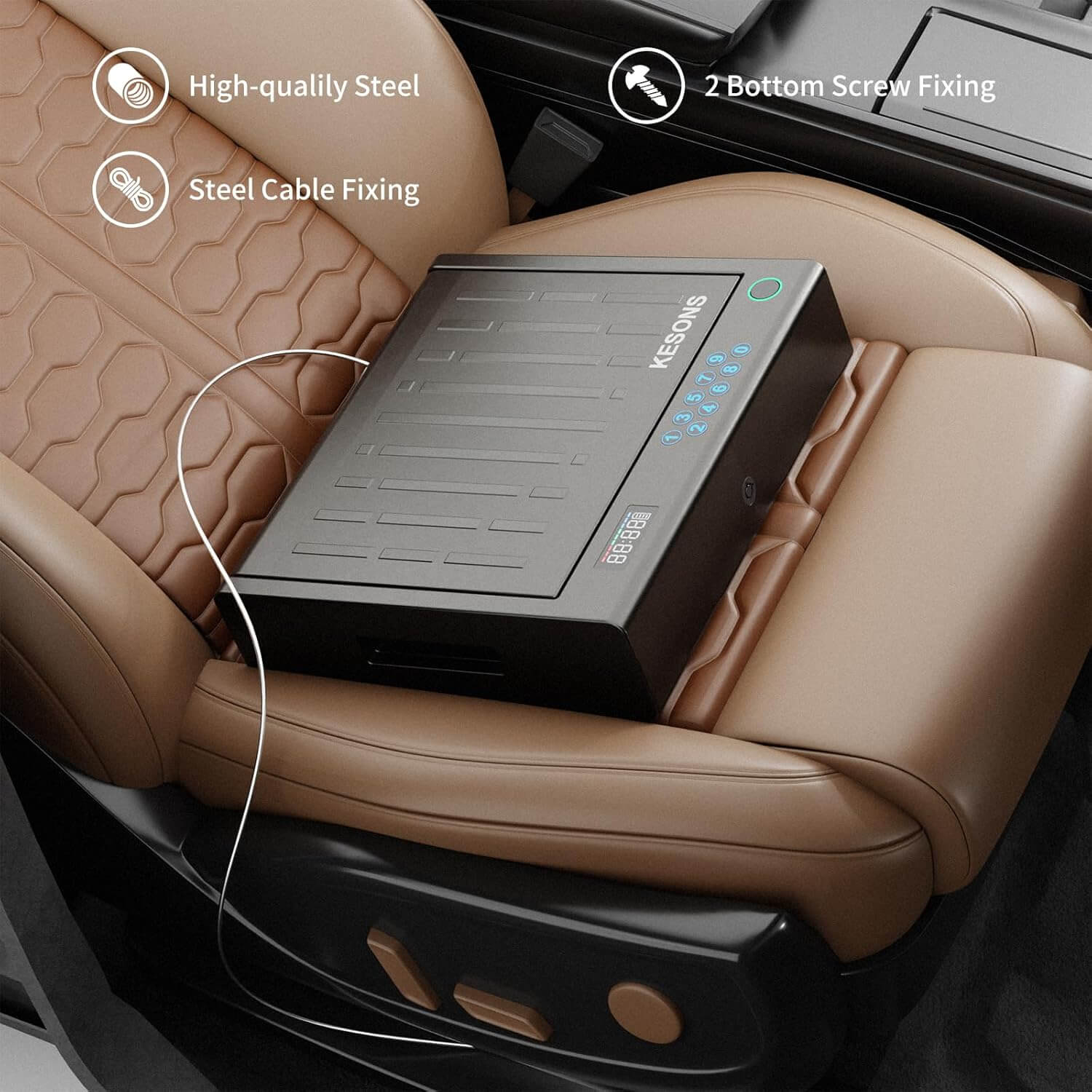 A hand gun safe on the seat of a car.