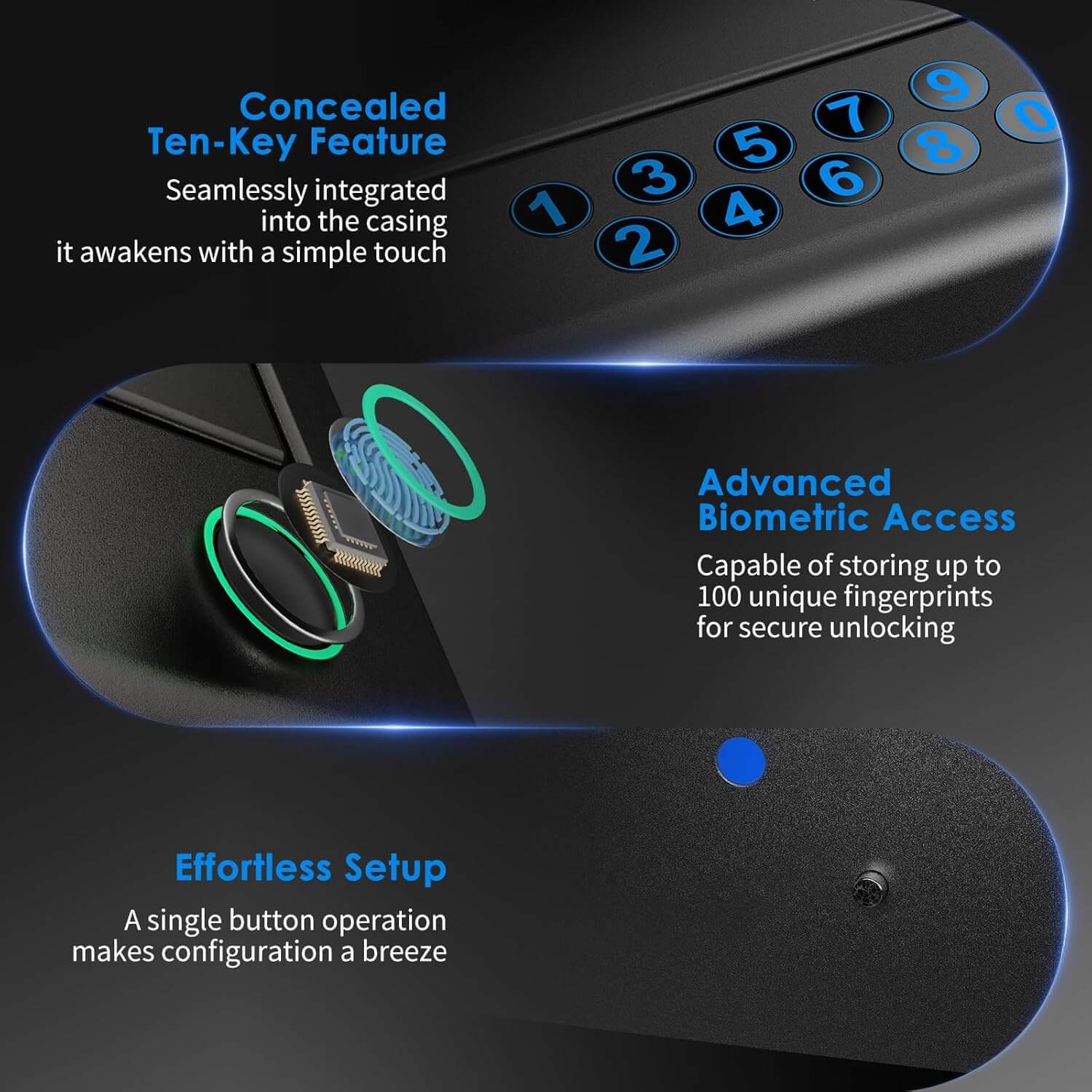 Hand gun safe with keypad and biometric sensor on a dark background