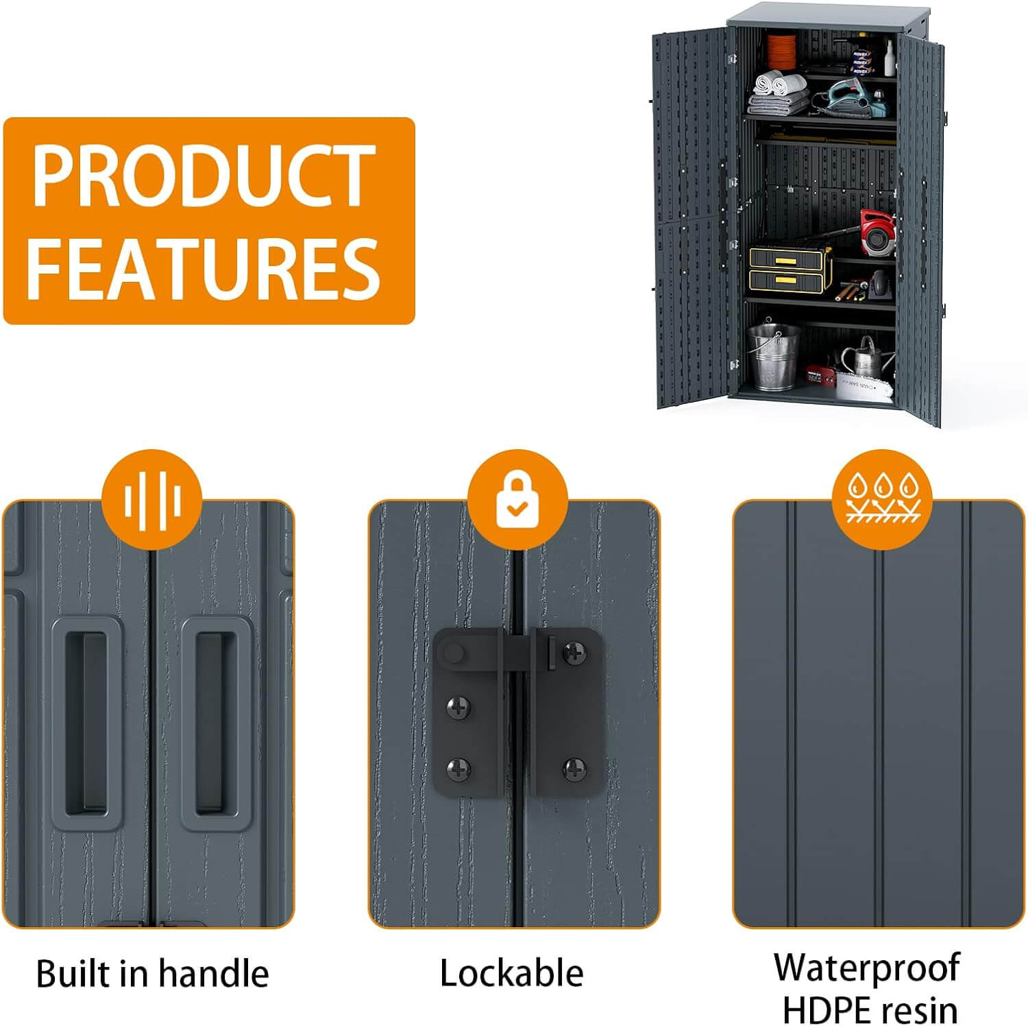 Storage cabinet with features highlighted on a white background