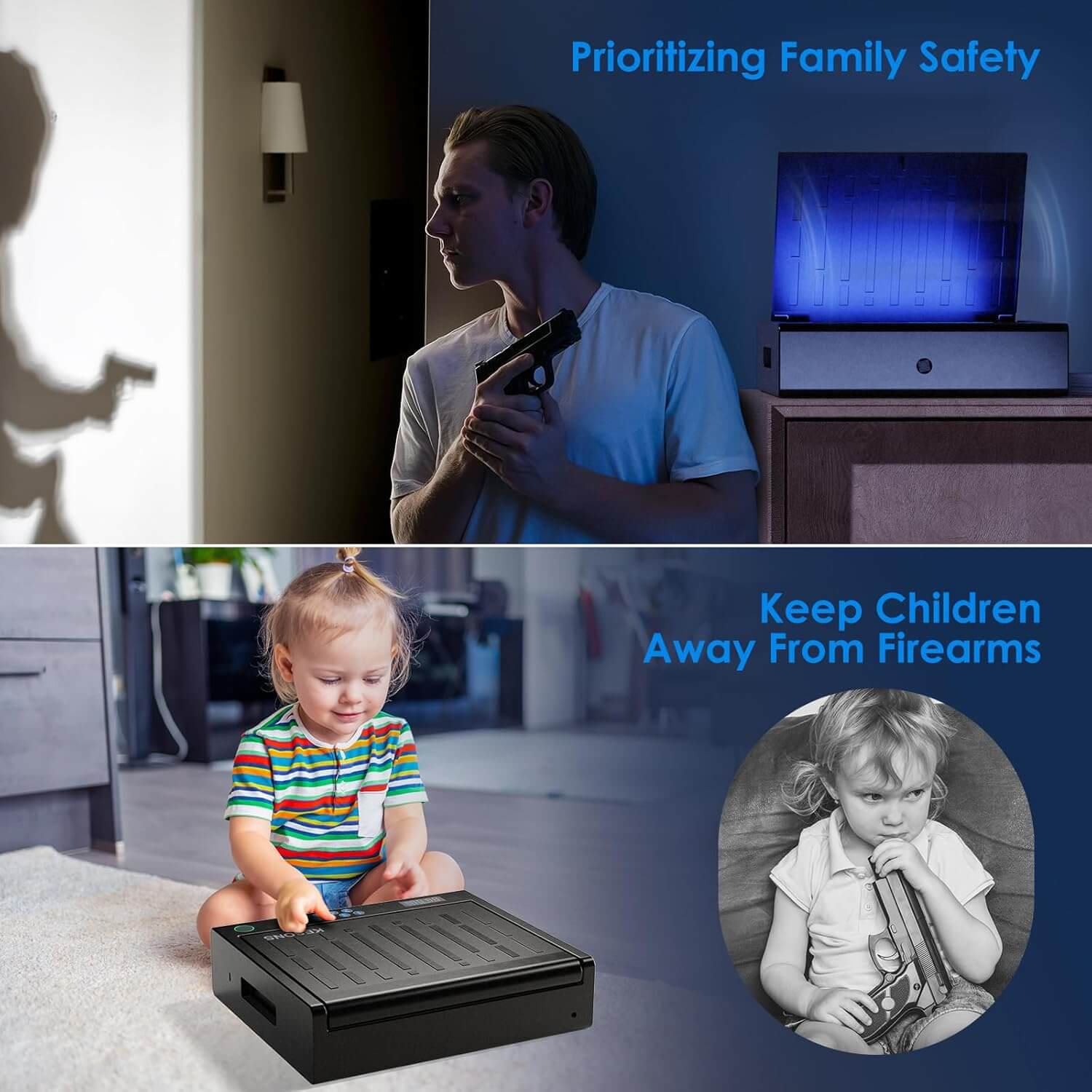 Product advertisement for a hand gun safe with images of a woman, child, and gun, emphasizing family safety and keeping children away from firearms.