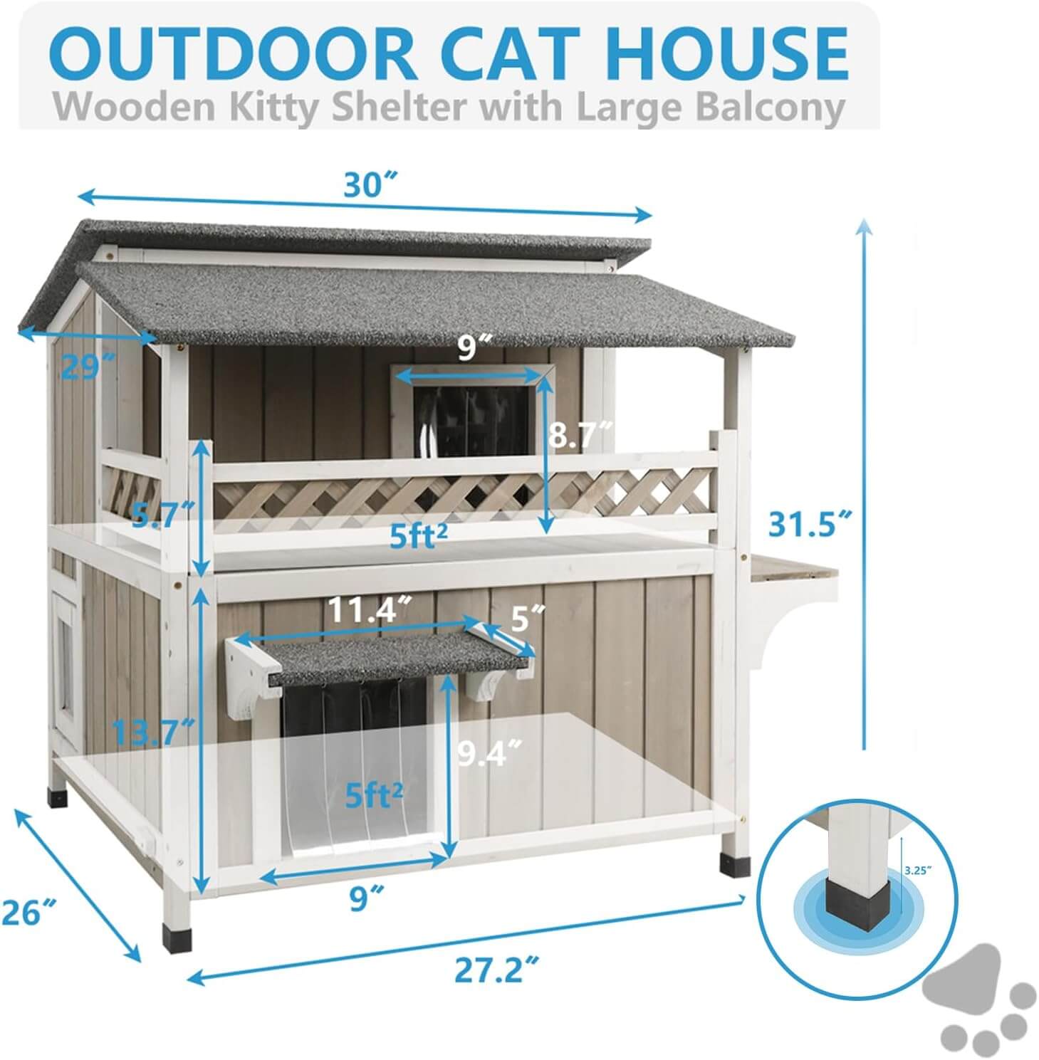 Outdoor cat house with dimensions labeled on a white background