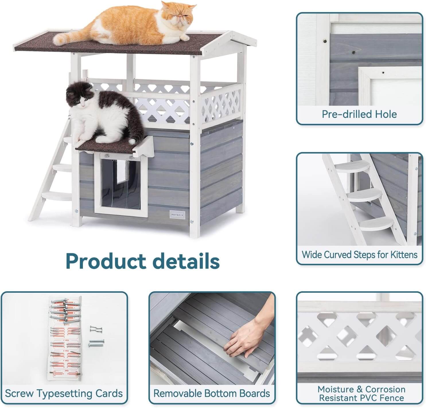 Feral cat house with cats on top, featuring product details and features.