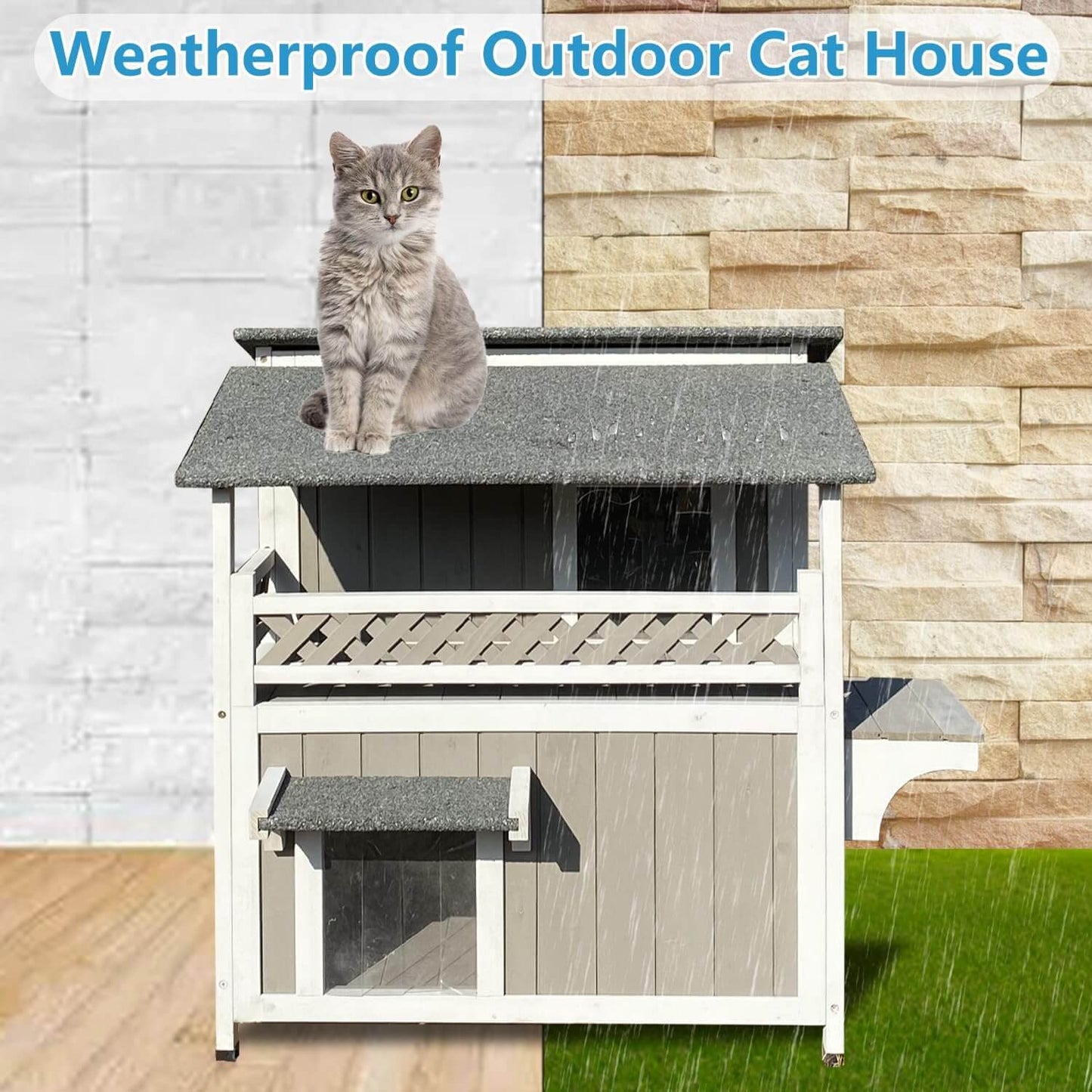 Weatherproof outdoor cat house with a cat sitting on top, against a stone wall background.