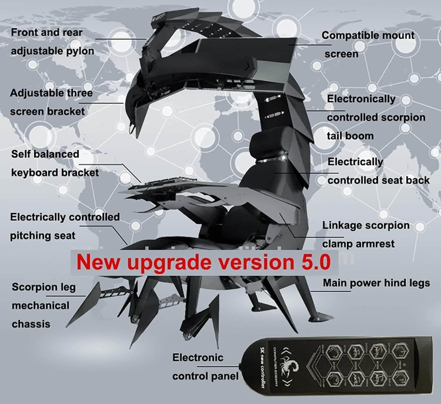 A comprehensive labelled diagram of a scorpion gaming chair
