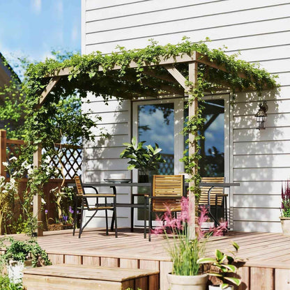 Outdoor patio area with wooden pergola, table, chairs, and plants.